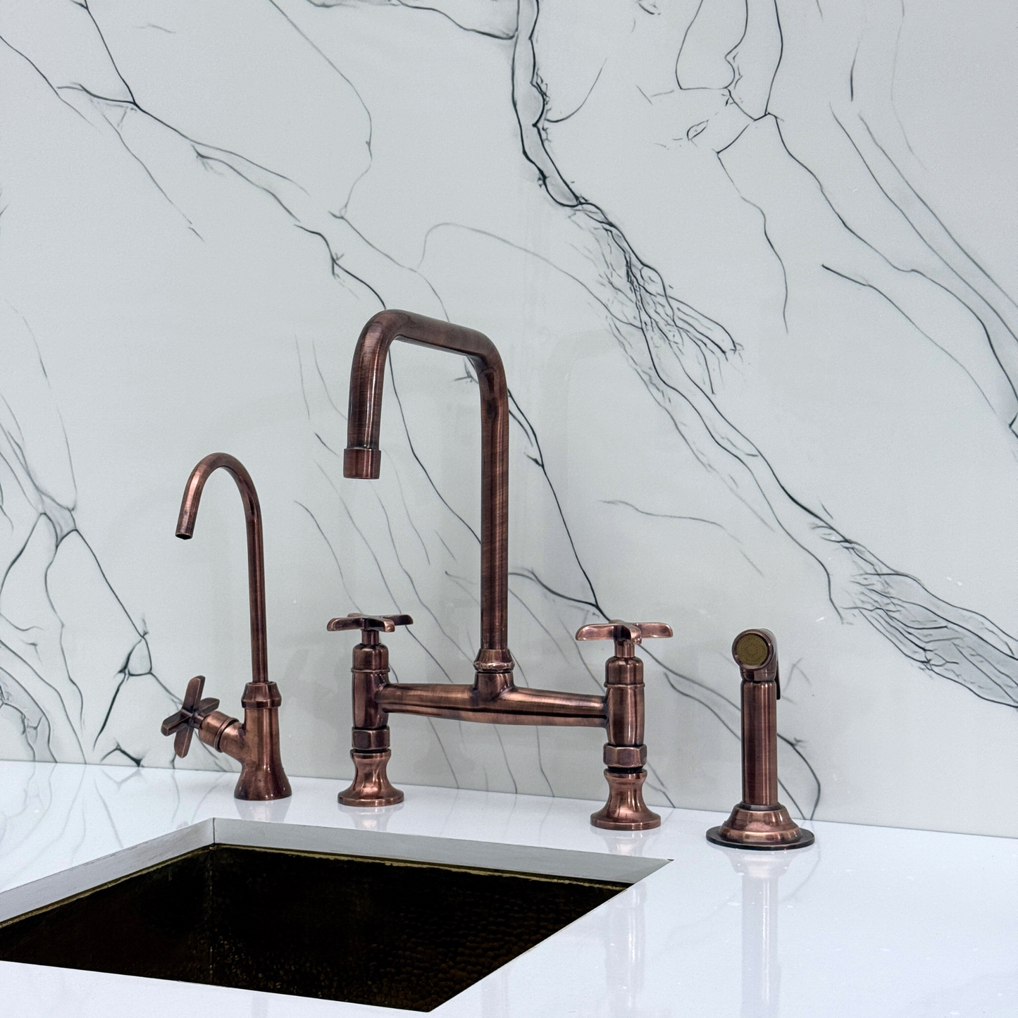 Antique Copper Classic Kitchen Bridge Faucet with Sprayer, Cold Water Faucet and Cross Handles