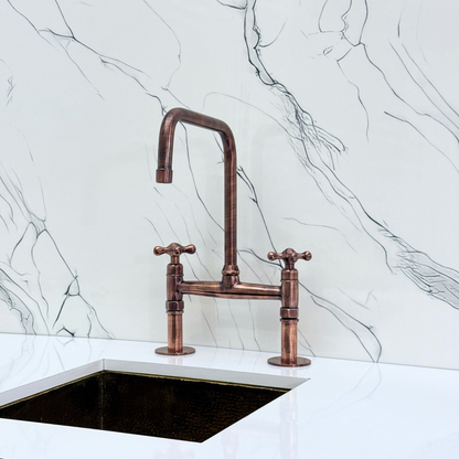 Antique Copper Classic Bridge Faucet with Sprayer, Cold Water Faucet and Cross Handles