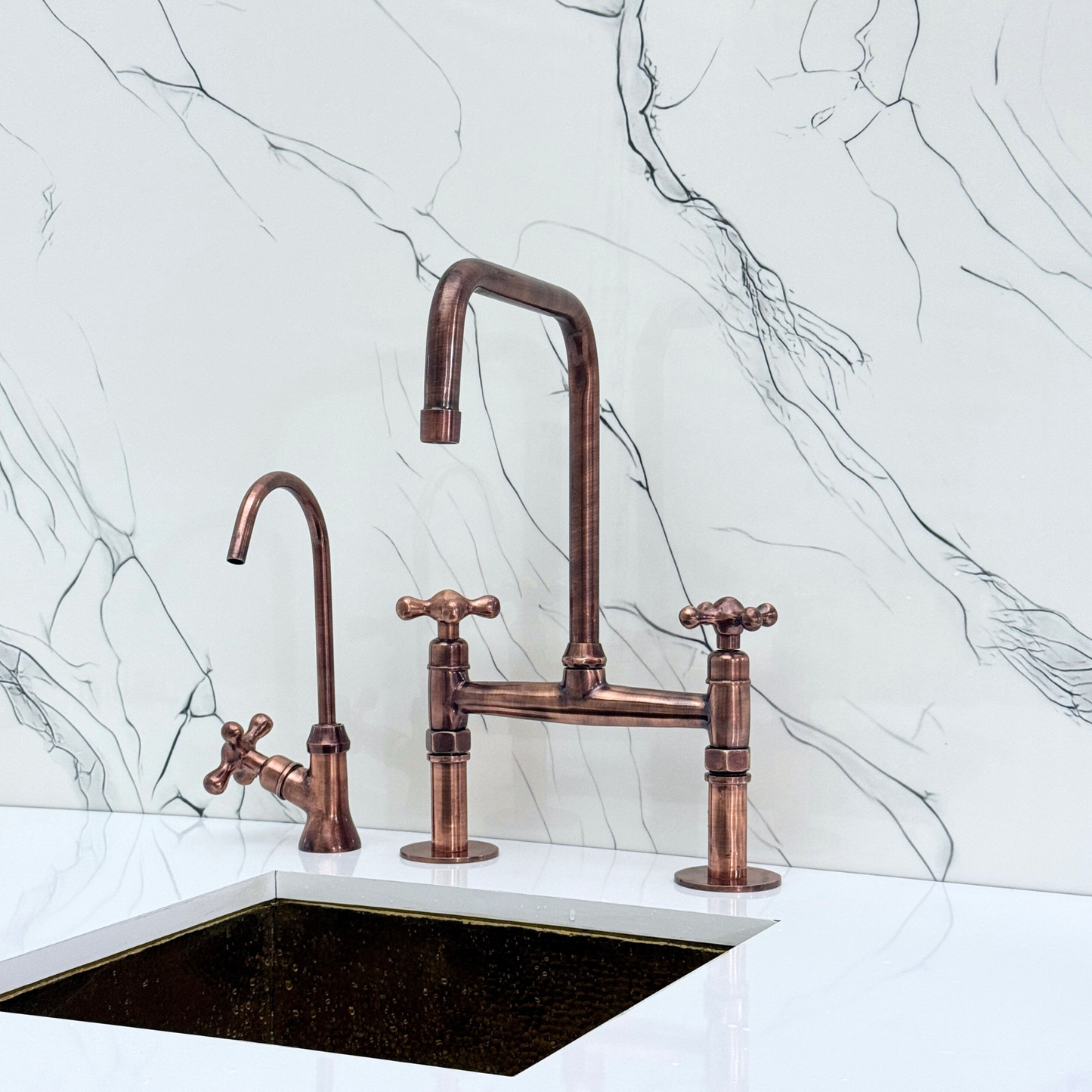 Antique Copper Classic Bridge Faucet with Sprayer, Cold Water Faucet and Cross Handles