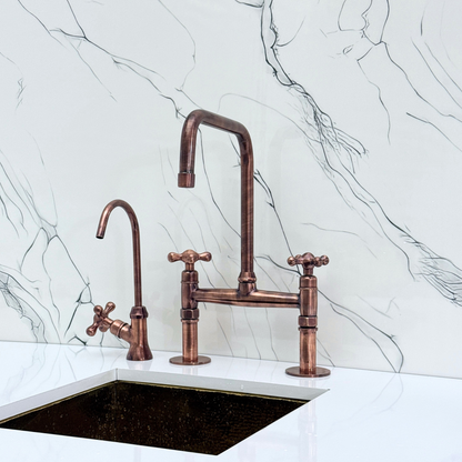 Antique Copper Classic Bridge Faucet with Sprayer, Cold Water Faucet and Cross Handles