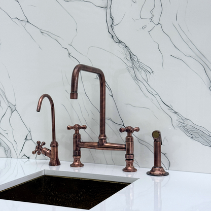 Antique Copper Classic Kitchen Bridge Faucet with Sprayer, Cold Water Faucet and Cross Handles
