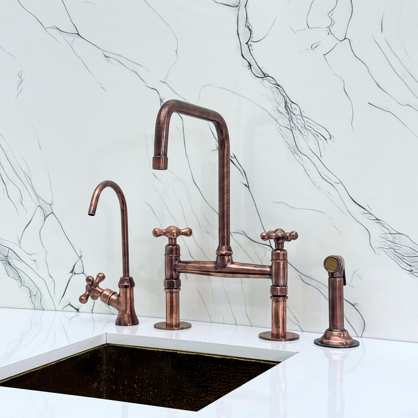 Antique Copper Classic Bridge Faucet with Sprayer, Cold Water Faucet and Cross Handles