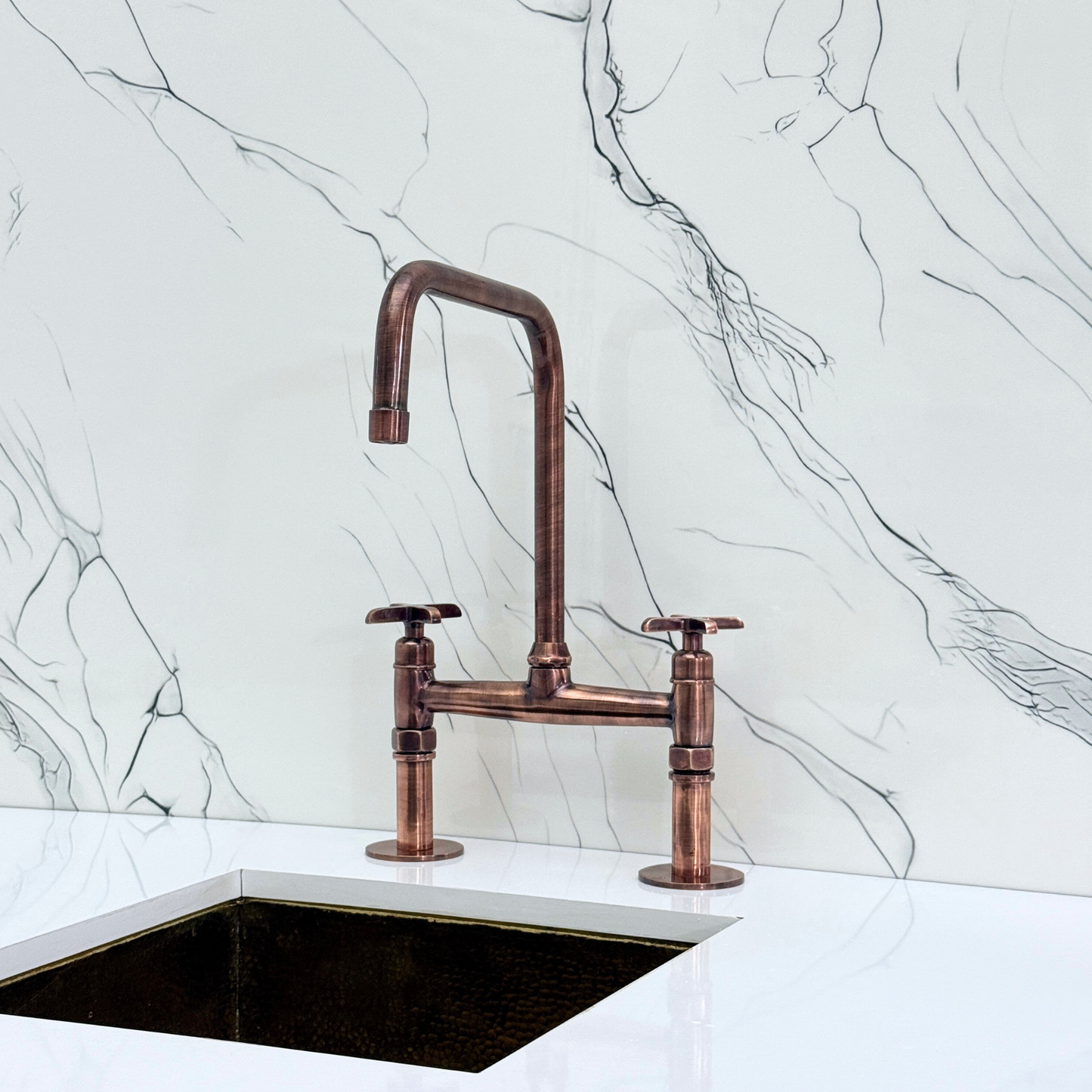 Antique Copper Classic Bridge Faucet with Sprayer, Cold Water Faucet and Cross Handles