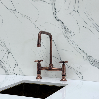 Antique Copper Classic Kitchen Bridge Faucet with Sprayer, Cold Water Faucet and Cross Handles