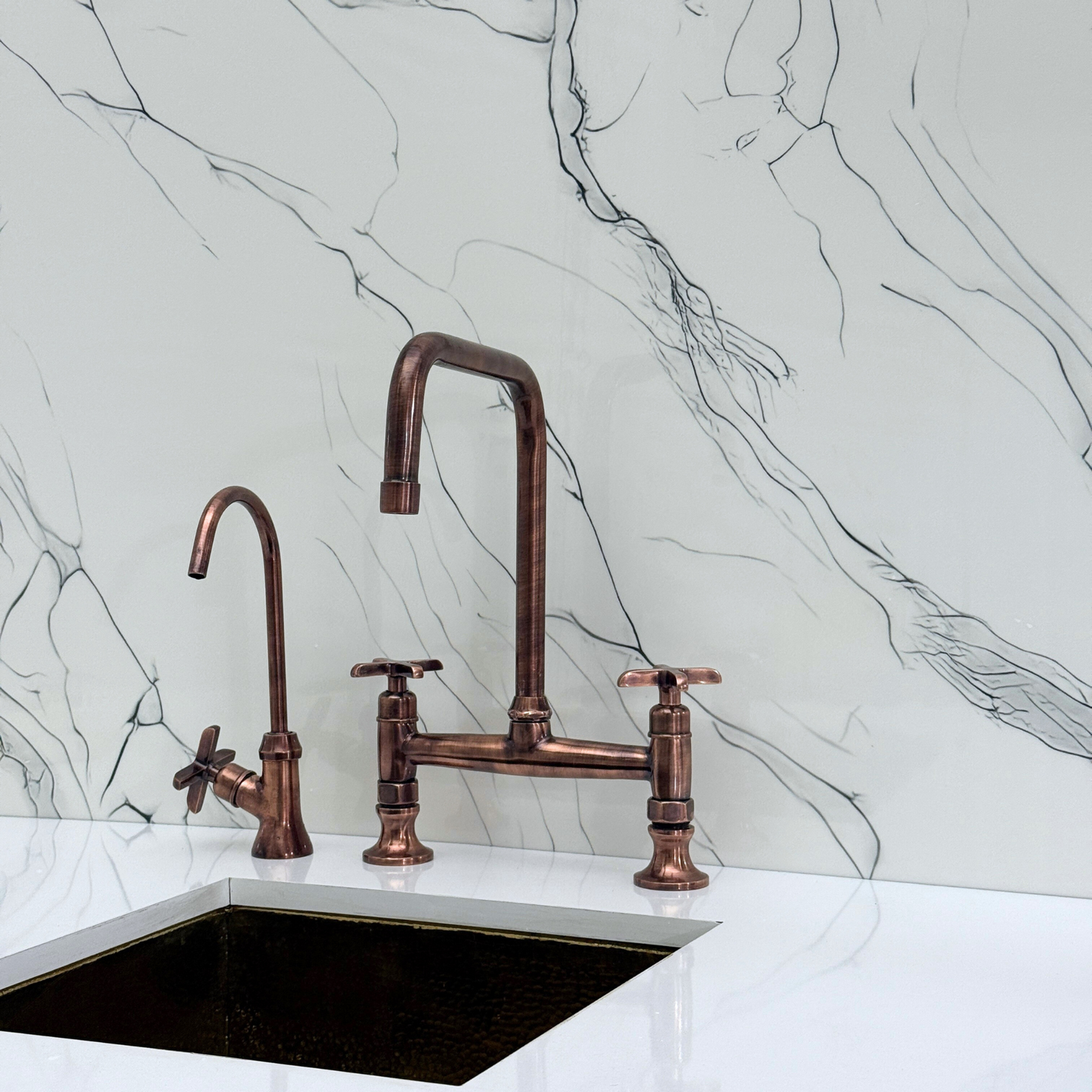 Antique Copper Classic Kitchen Bridge Faucet with Sprayer, Cold Water Faucet and Cross Handles