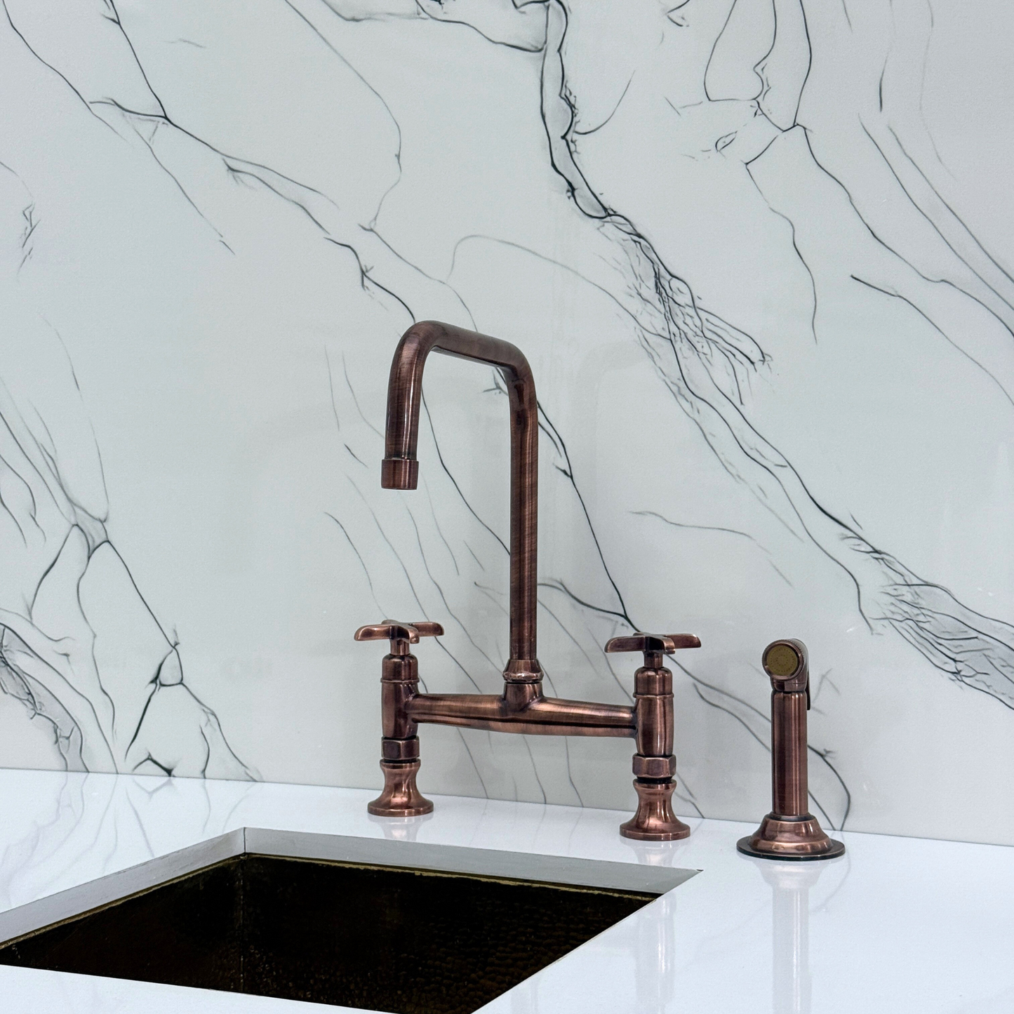 Antique Copper Classic Kitchen Bridge Faucet with Sprayer, Cold Water Faucet and Cross Handles