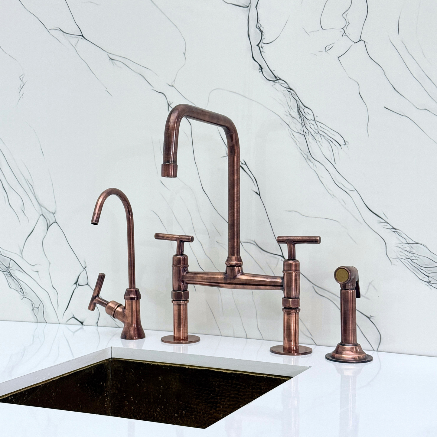 Antique Copper Classic Bridge Faucet with Sprayer, Cold Water Faucet and Lever Handles