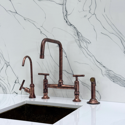 Antique Copper Classic Kitchen Bridge Faucet with Sprayer, Cold Water Faucet and Lever Handles