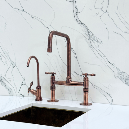 Antique Copper Classic Bridge Faucet with Sprayer, Cold Water Faucet and Lever Handles