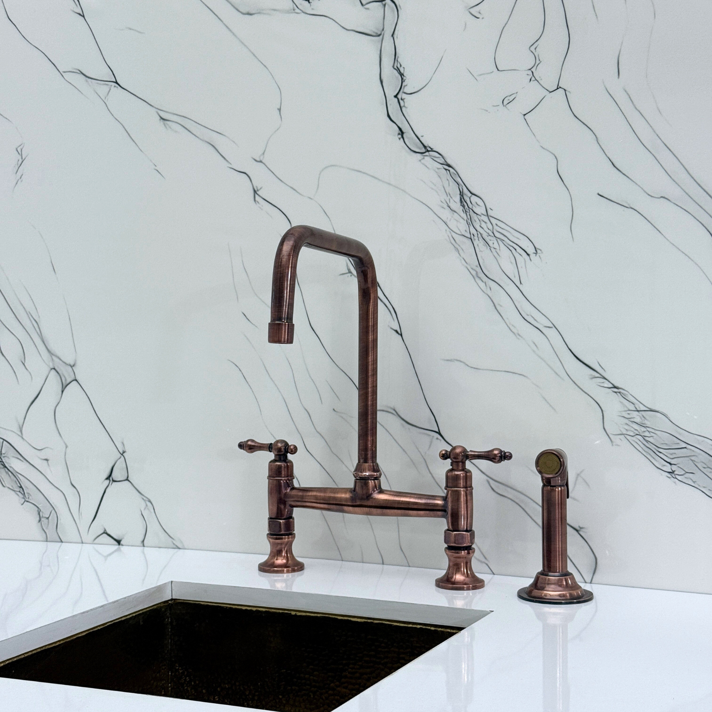 Antique Copper Classic Kitchen Bridge Faucet with Sprayer, Cold Water Faucet and Lever Handles