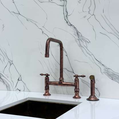 Antique Copper Classic Kitchen Bridge Faucet with Sprayer, Cold Water Faucet and Lever Handles