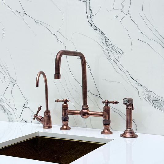 Antique Copper Classic Bridge Faucet with Ball Center, Sprayer, Cold Water Faucet and Lever Handles
