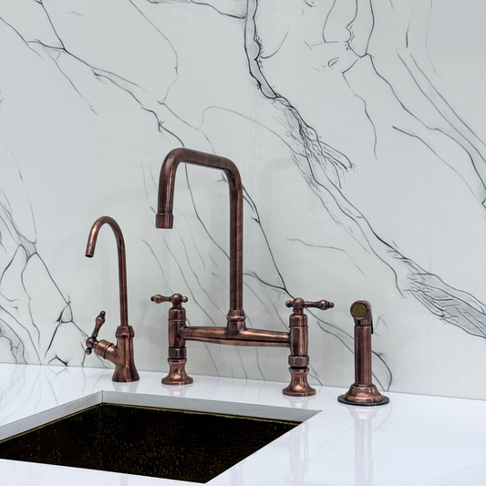 Antique Copper Classic Kitchen Bridge Faucet with Sprayer, Cold Water Faucet and Lever Handles