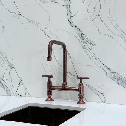 Antique Copper Classic Kitchen Bridge Faucet with Sprayer, Cold Water Faucet and Lever Handles