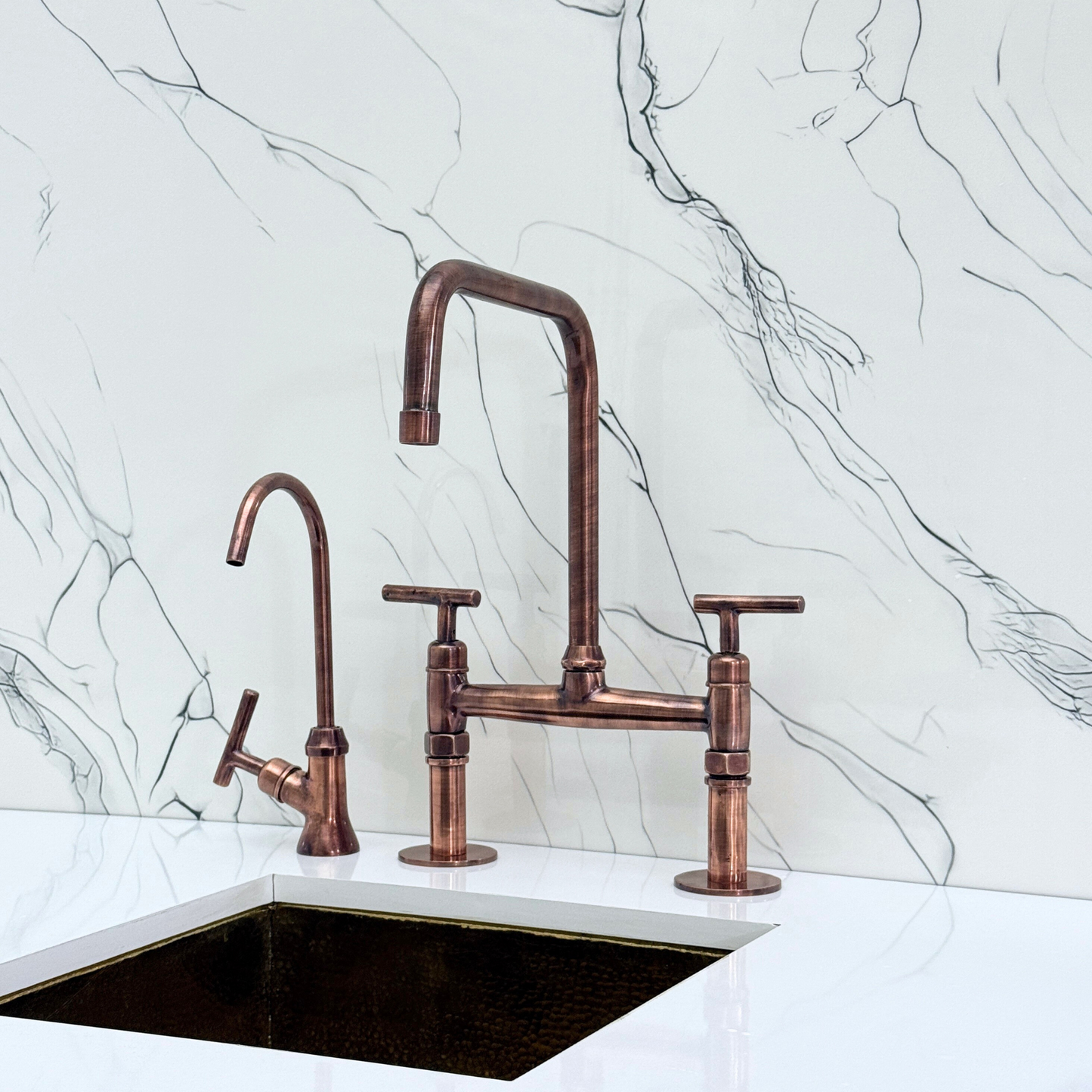 Antique Copper Classic Bridge Faucet with Sprayer, Cold Water Faucet and Lever Handles