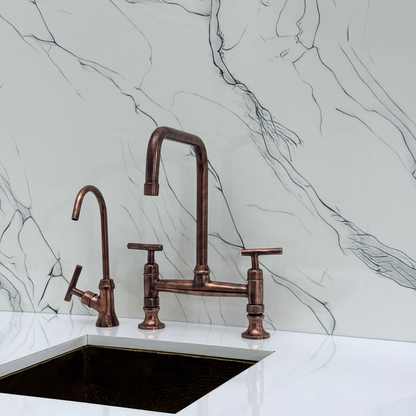 Antique Copper Classic Kitchen Bridge Faucet with Sprayer, Cold Water Faucet and Lever Handles