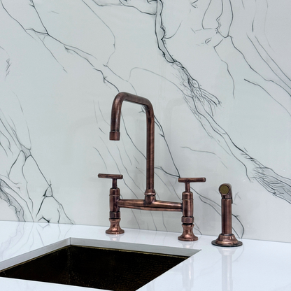 Antique Copper Classic Kitchen Bridge Faucet with Sprayer, Cold Water Faucet and Lever Handles