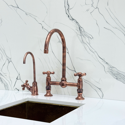 Antique Copper Bridge Kitchen Faucet with Sprayer, Cold Water Faucet and Cross Handles
