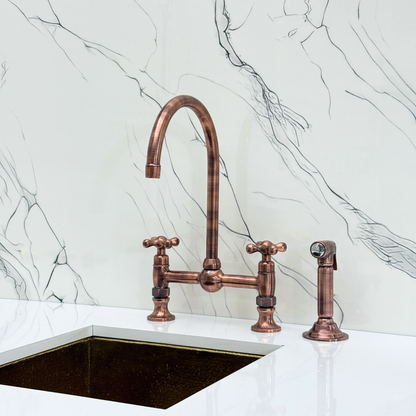 Antique Copper Bridge Kitchen Faucet with Sprayer, Cold Water Faucet and Cross Handles
