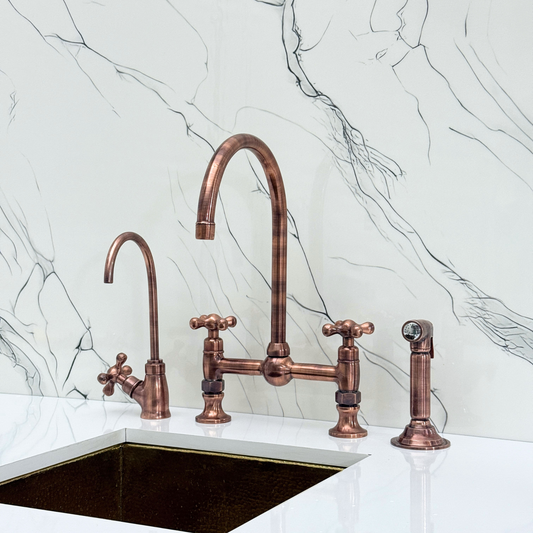 Antique Copper Bridge Kitchen Faucet with Sprayer, Cold Water Faucet and Cross Handles