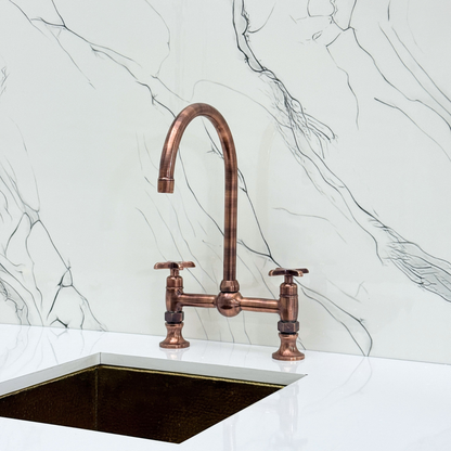 Antique Copper Bridge Kitchen Faucet with Sprayer, Cold Water Faucet and Cross Handles