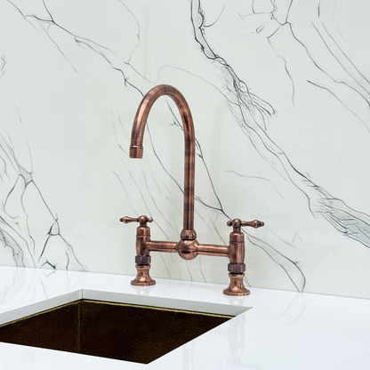 Antique Copper Bridge Kitchen Faucet with Sprayer, Cold Water Faucet and Lever Handles