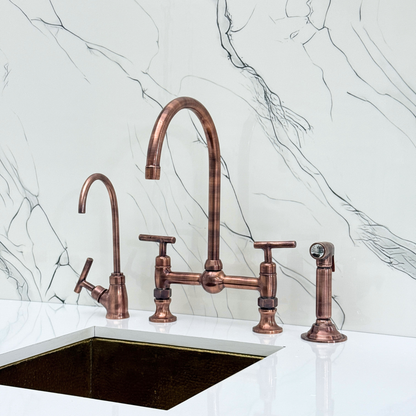 Antique Copper Bridge Kitchen Faucet with Sprayer, Cold Water Faucet and Lever Handles