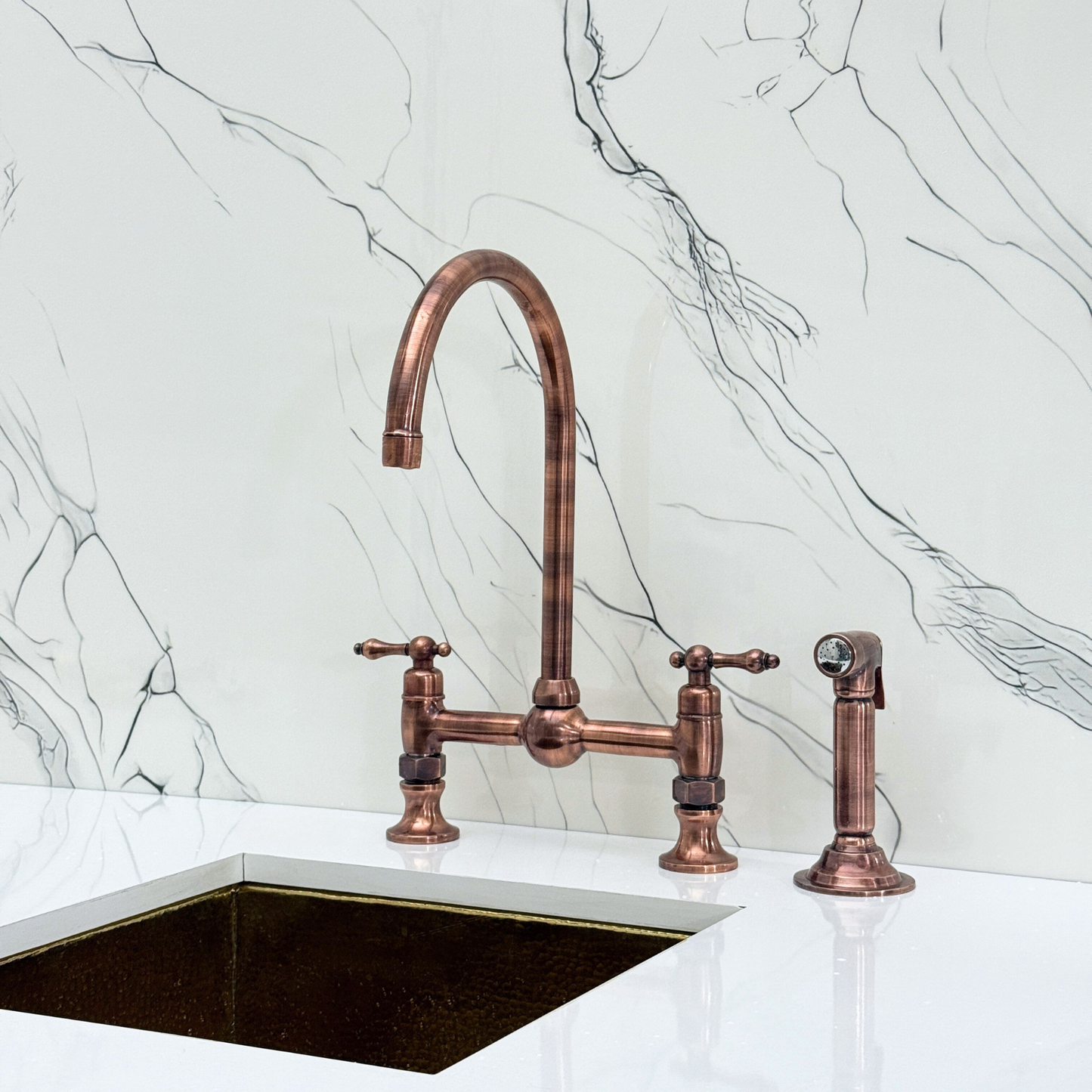 Antique Copper Bridge Kitchen Faucet with Sprayer, Cold Water Faucet and Lever Handles