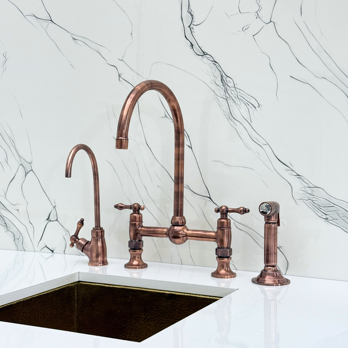 Antique Copper Bridge Kitchen Faucet with Sprayer, Cold Water Faucet and Lever Handles