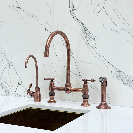 Antique Copper Bridge Kitchen Faucet with Sprayer, Cold Water Faucet and Lever Handles