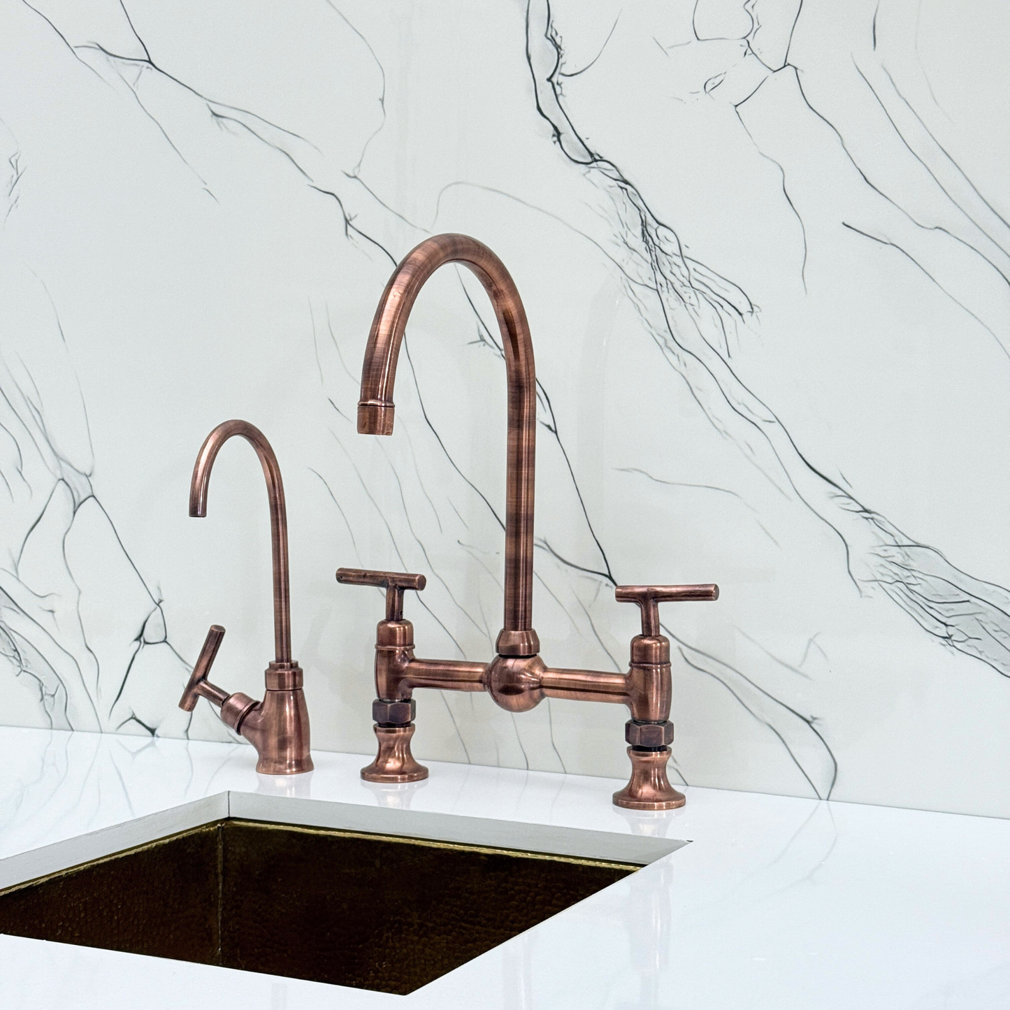 Antique Copper Bridge Kitchen Faucet with Sprayer, Cold Water Faucet and Lever Handles