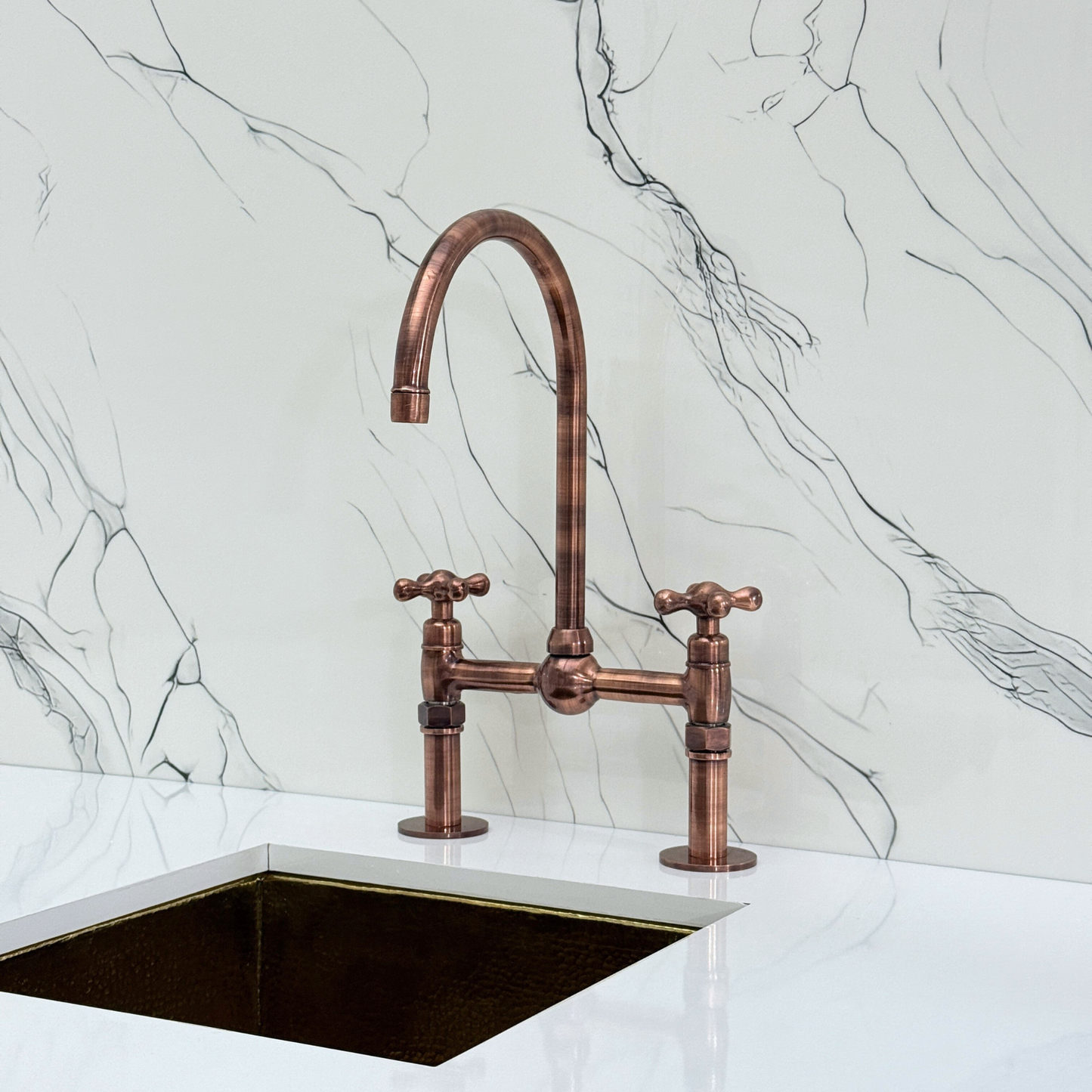 Antique Copper Kitchen Bridge Faucet with Ball Center, Sprayer, Cold Water Faucet, Straight Legs and Cross Handles