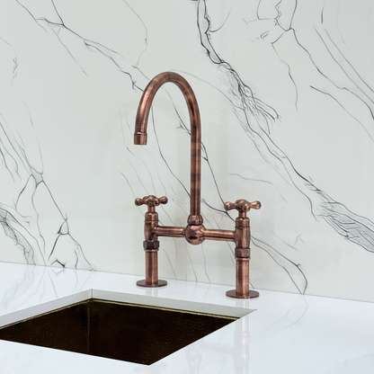 Antique Copper Kitchen Bridge Faucet with Ball Center, Sprayer, Cold Water Faucet, Straight Legs and Cross Handles