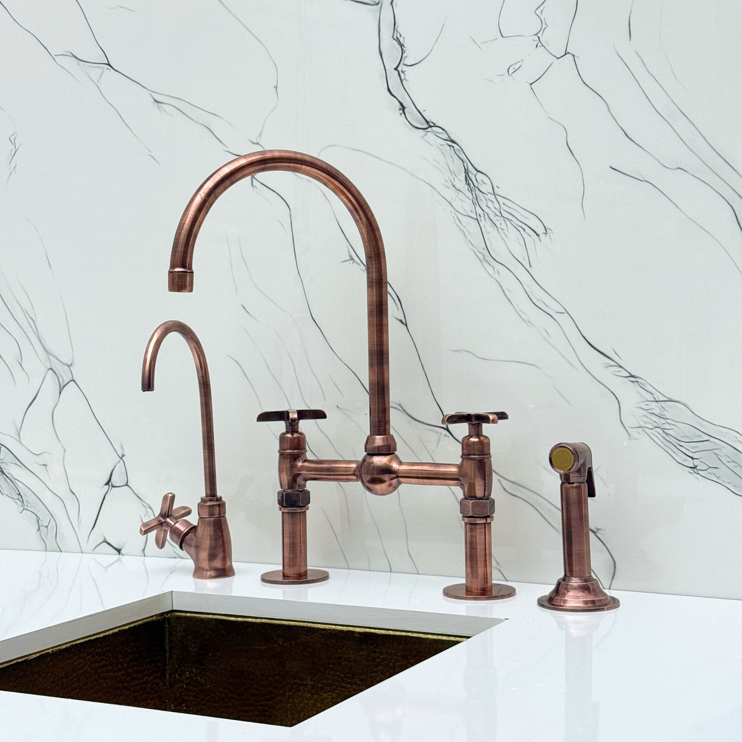 Antique Copper Kitchen Bridge Faucet with Ball Center, Sprayer, Cold Water Faucet, Straight Legs and Cross Handles