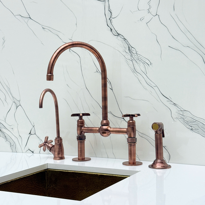 Antique Copper Kitchen Bridge Faucet with Ball Center, Sprayer, Cold Water Faucet, Straight Legs and Cross Handles
