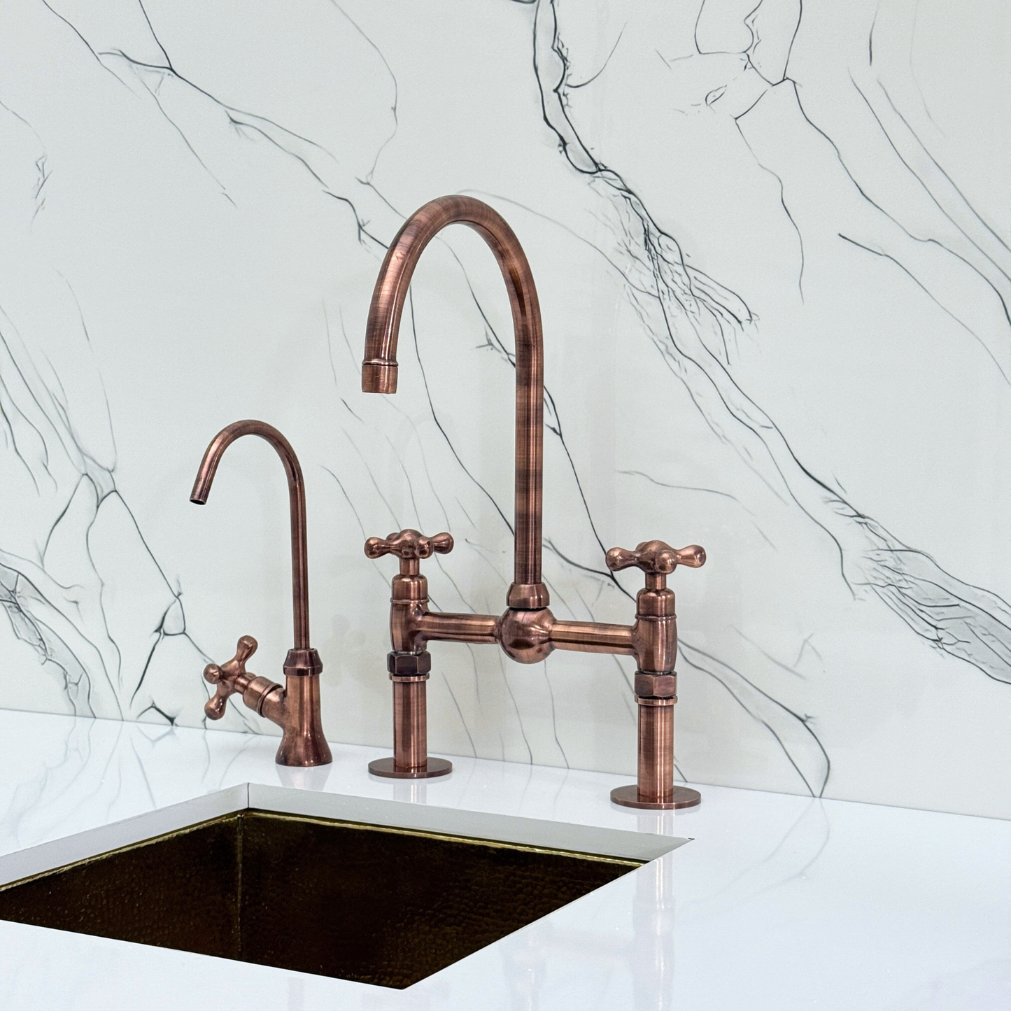 Antique Copper Kitchen Bridge Faucet with Ball Center, Sprayer, Cold Water Faucet, Straight Legs and Cross Handles