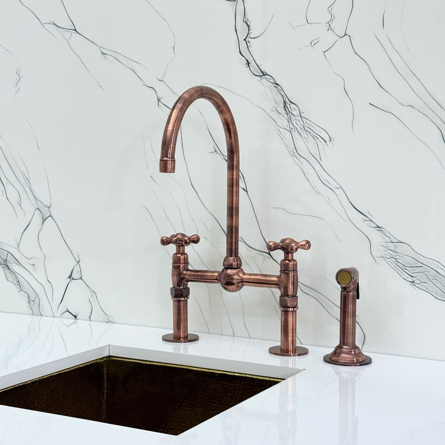 Antique Copper Kitchen Bridge Faucet with Ball Center, Sprayer, Cold Water Faucet, Straight Legs and Cross Handles