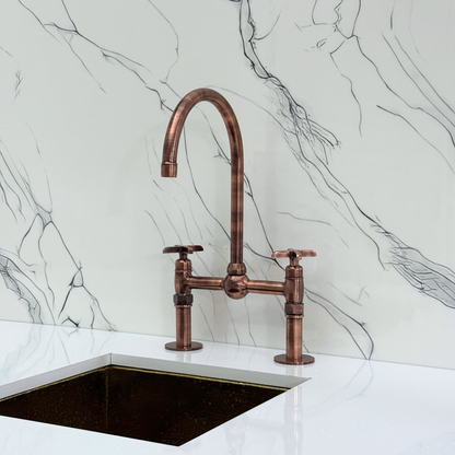 Antique Copper Kitchen Bridge Faucet with Ball Center, Sprayer, Cold Water Faucet, Straight Legs and Cross Handles