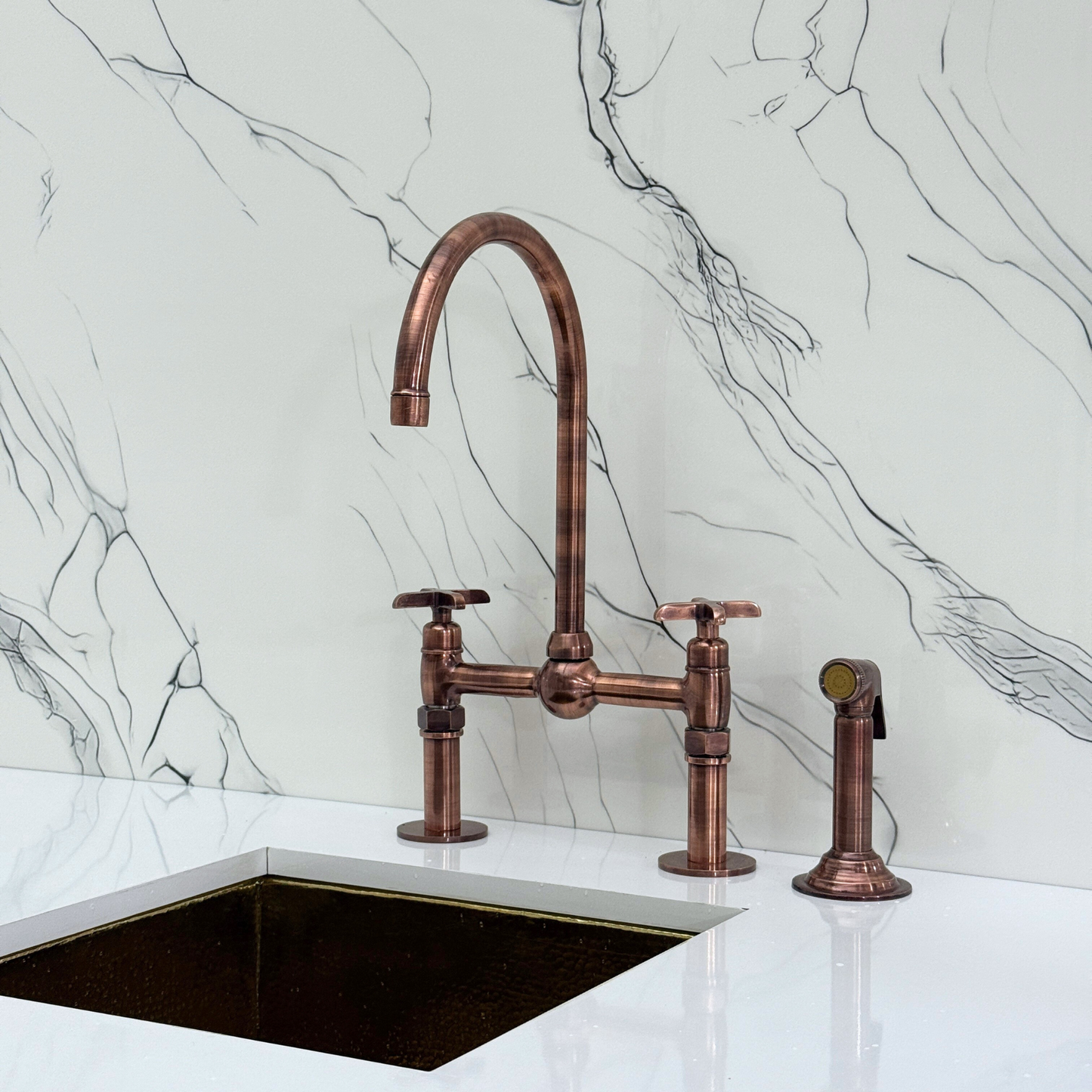 Antique Copper Kitchen Bridge Faucet with Ball Center, Sprayer, Cold Water Faucet, Straight Legs and Cross Handles