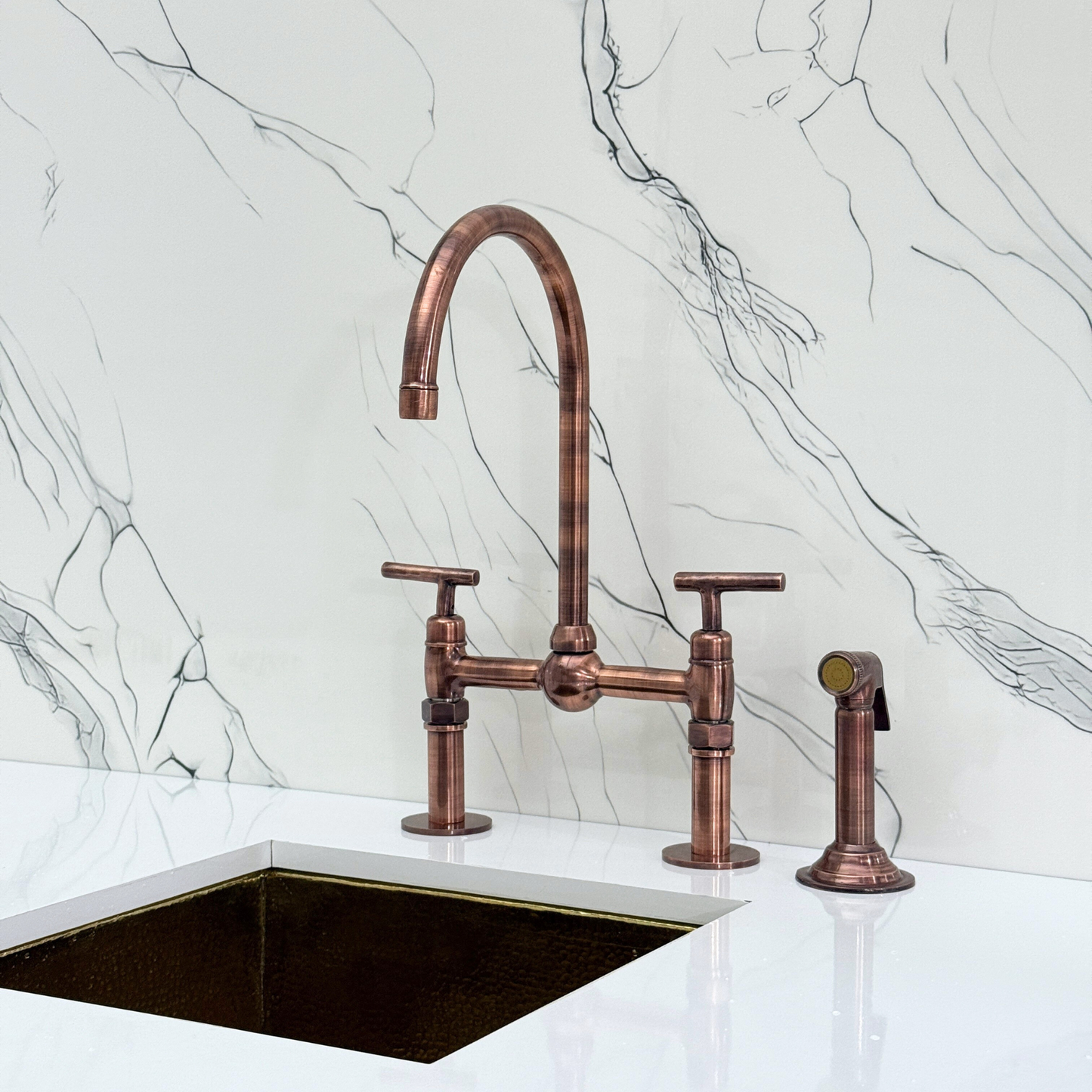 Antique Copper Kitchen Bridge Faucet with Ball Center, Sprayer, Cold Water Faucet, Straight Legs and Lever Handles