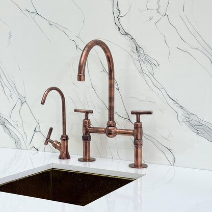 Antique Copper Kitchen Bridge Faucet with Ball Center, Sprayer, Cold Water Faucet, Straight Legs and Lever Handles