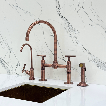 Antique Copper Kitchen Bridge Faucet with Ball Center, Sprayer, Cold Water Faucet, Straight Legs and Lever Handles