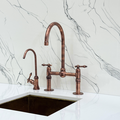 Antique Copper Kitchen Bridge Faucet with Ball Center, Sprayer, Cold Water Faucet, Straight Legs and Lever Handles