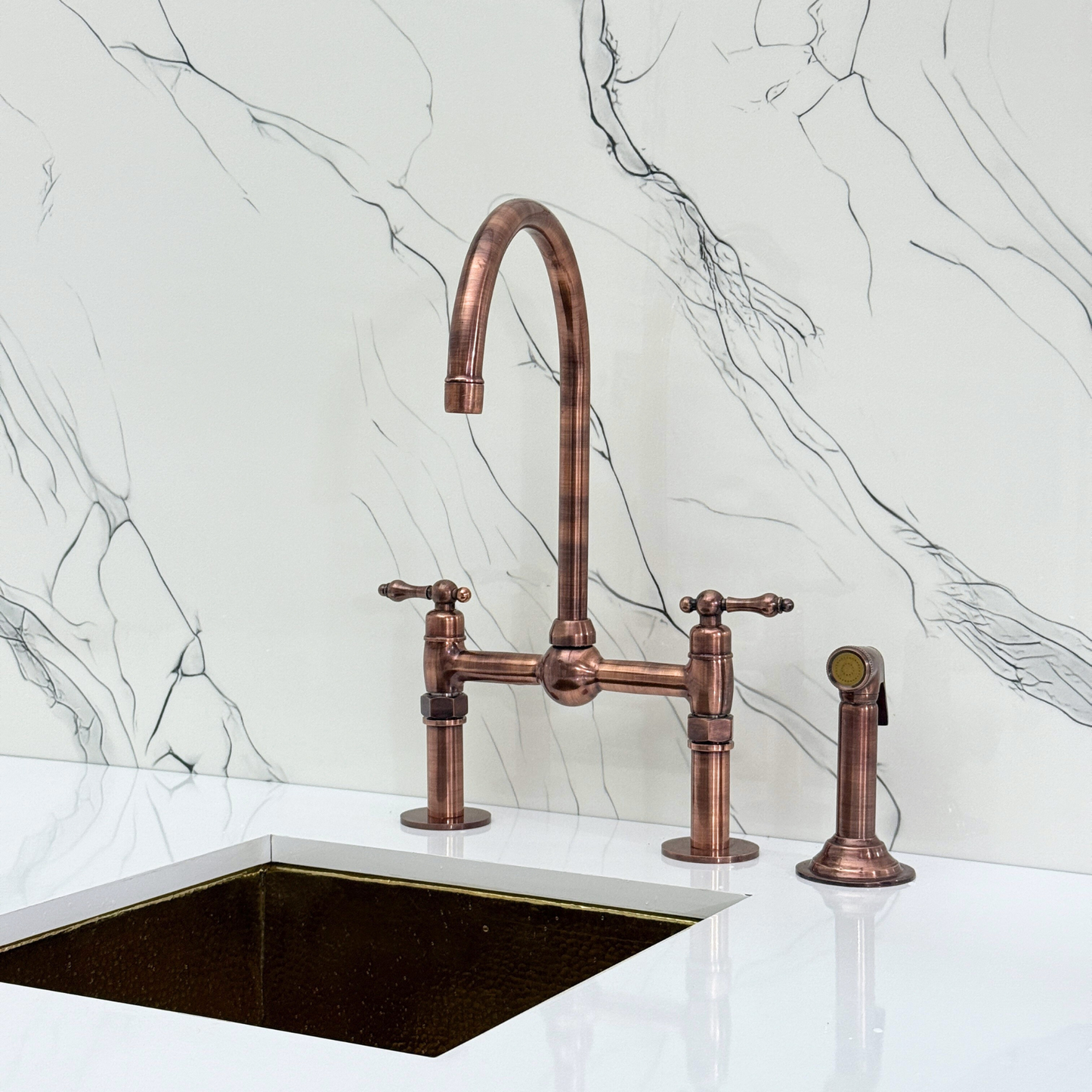 Antique Copper Kitchen Bridge Faucet with Ball Center, Sprayer, Cold Water Faucet, Straight Legs and Lever Handles
