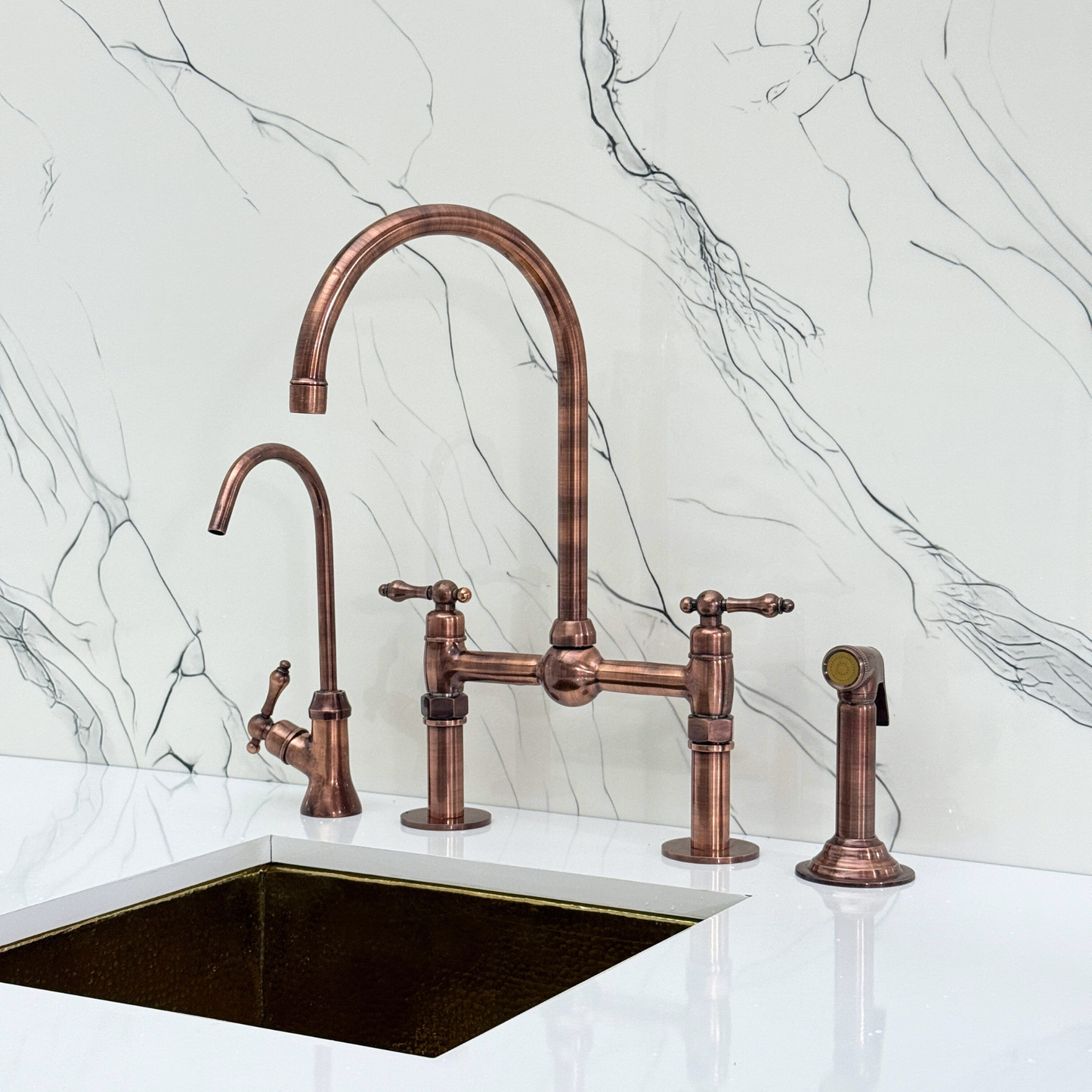 Antique Copper Kitchen Bridge Faucet with Ball Center, Sprayer, Cold Water Faucet, Straight Legs and Lever Handles