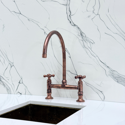 Antique Copper Bridge Kitchen Faucet with Sprayer, Drinking Water Tap and Cross Handles