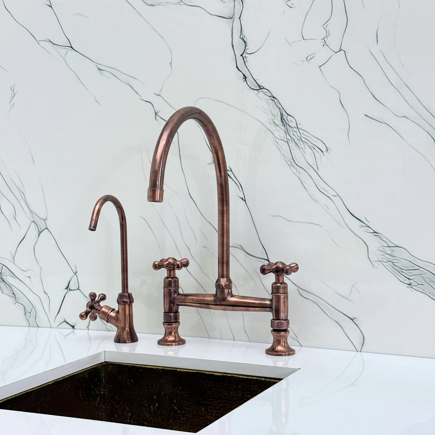 Antique Copper Bridge Kitchen Faucet with Sprayer, Drinking Water Tap and Cross Handles