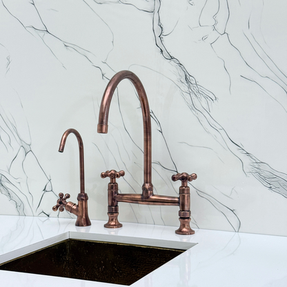 Antique Copper Bridge Kitchen Faucet with Sprayer, Drinking Water Tap and Cross Handles