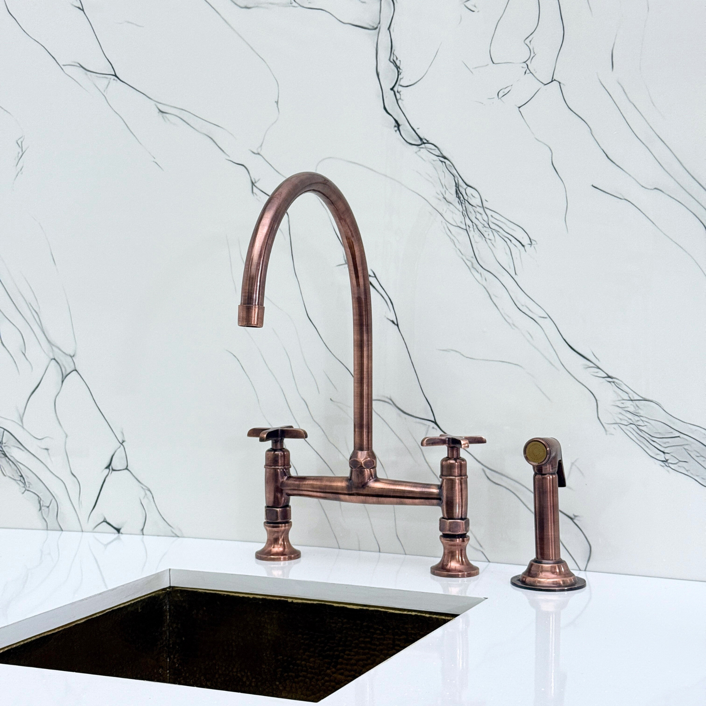 Antique Copper Bridge Kitchen Faucet with Sprayer, Drinking Water Tap and Cross Handles