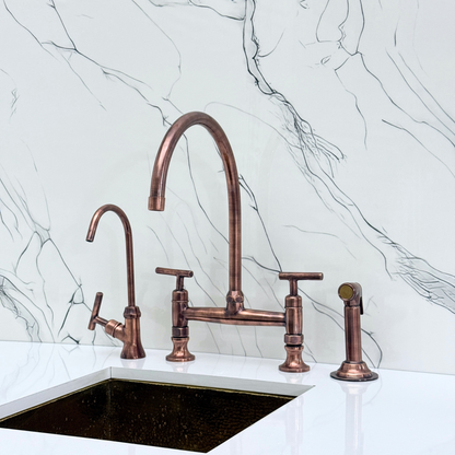 Antique Copper Bridge Kitchen Faucet with Sprayer, Drinking Water Tap and Lever Handles